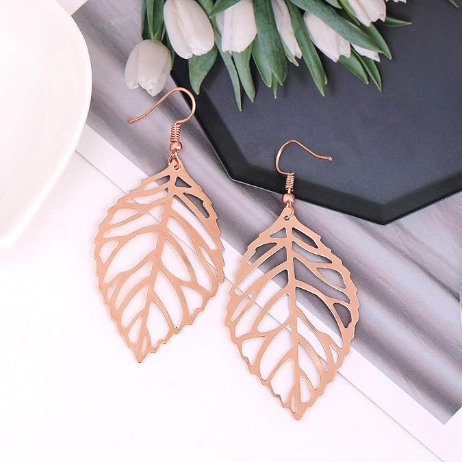 NVENF Leaf Earrings and Long Necklaces Set for Women Boho Gold-tone Multi Tiered Leaves