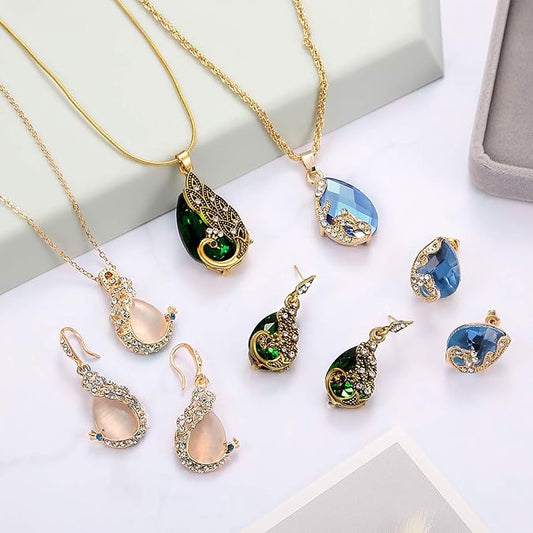 Hicarer 6 Pieces Jewelry Sets for Women Elegant Necklace Set Peacock Water Drop Rhinestone