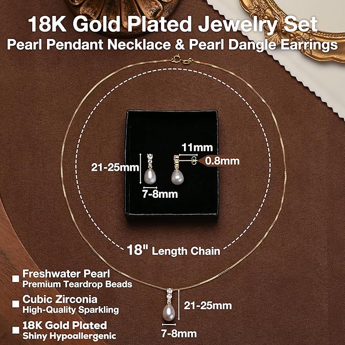 Pearl Pendant Necklace & Earrings 18K Gold Plated with Sparkling Cubic Zirconia