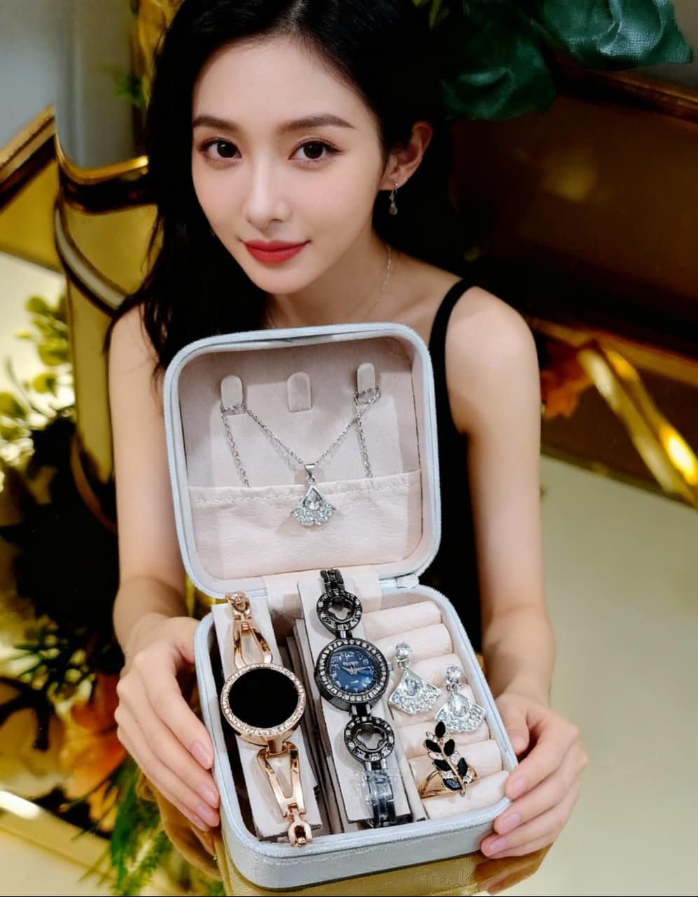 2 IN ONE DOUBLE WATCHES SET⌚WITH DAIMONDS STONE JEWELRY CHAIN💎✔ WITH 👈 DAIMONDS RING 💍✔ DAIMONDS EARRINGS💎