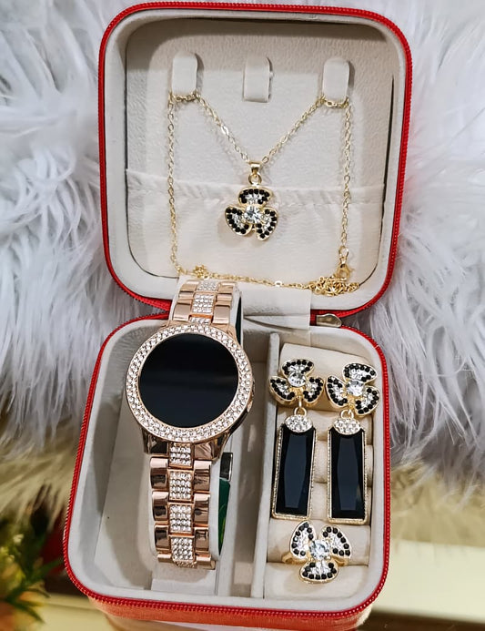 GIRLS (G1)DIAMONDS STONE TOUCH SCREEN JEWELRY WATCHE⌚ WITH CRYSTAL DIAMOND EARRINGS 👈🔥 DIAMOND LOCKET CHAIN ✔ DIAMOND RING 💍 COMPLETE SET🎀