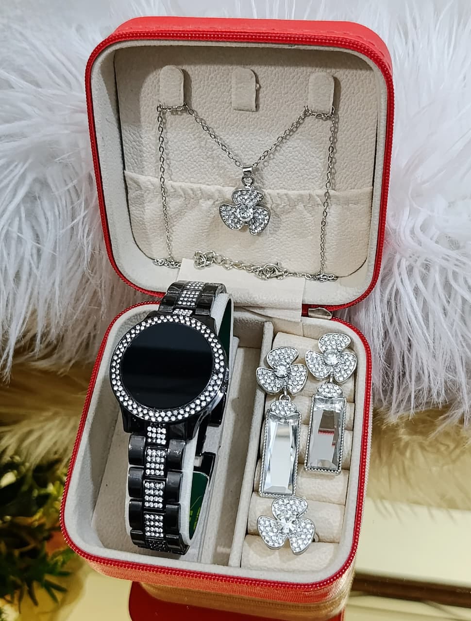 GIRLS (G1)DIAMONDS STONE TOUCH SCREEN JEWELRY WATCHE⌚ WITH CRYSTAL DIAMOND EARRINGS 👈🔥 DIAMOND LOCKET CHAIN ✔ DIAMOND RING 💍 COMPLETE SET🎀