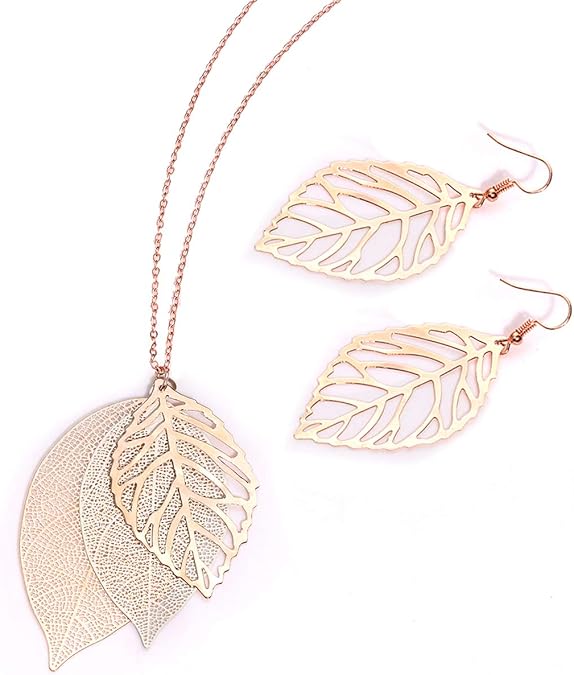 NVENF Leaf Earrings and Long Necklaces Set for Women Boho Gold-tone Multi Tiered Leaves
