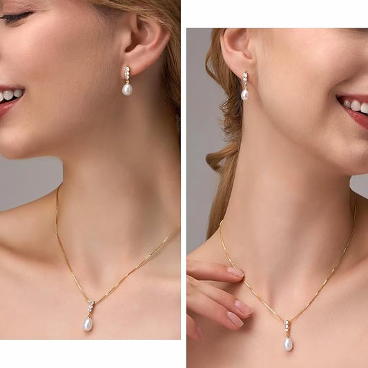Pearl Pendant Necklace & Earrings 18K Gold Plated with Sparkling Cubic Zirconia