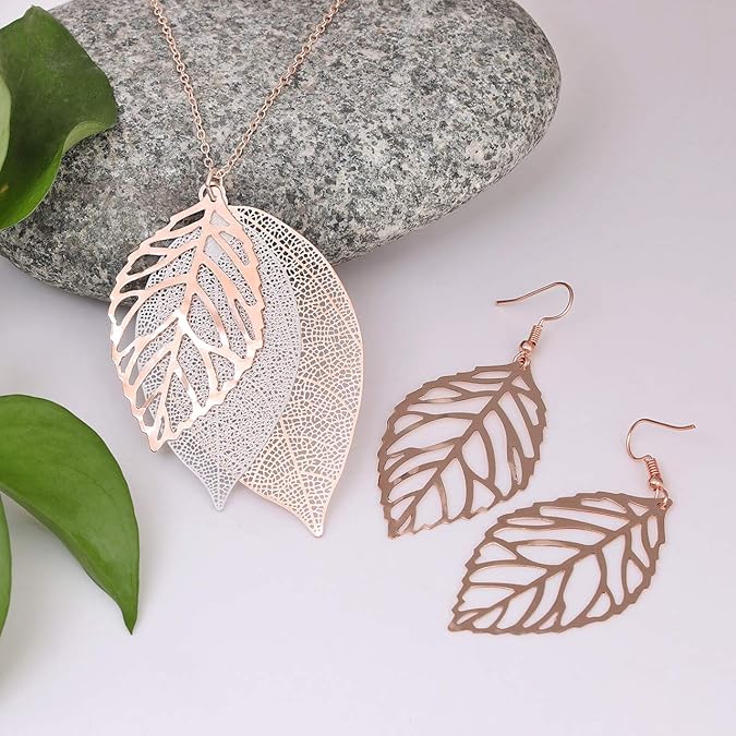NVENF Leaf Earrings and Long Necklaces Set for Women Boho Gold-tone Multi Tiered Leaves