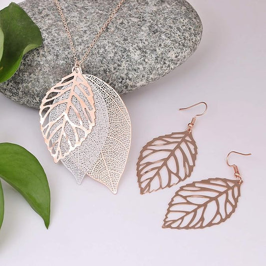 NVENF Leaf Earrings and Long Necklaces Set for Women Boho Gold-tone Multi Tiered Leaves