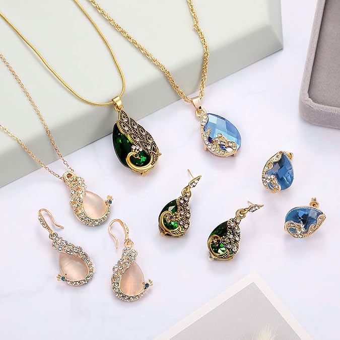 Hicarer 6 Pieces Jewelry Sets for Women Elegant Necklace Set Peacock Water Drop Rhinestone