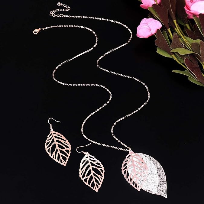 NVENF Leaf Earrings and Long Necklaces Set for Women Boho Gold-tone Multi Tiered Leaves
