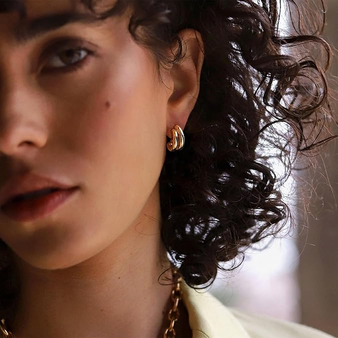 Gold Hoop Earrings for Women - Chunky Earrings 14K Gold Plated Earrings