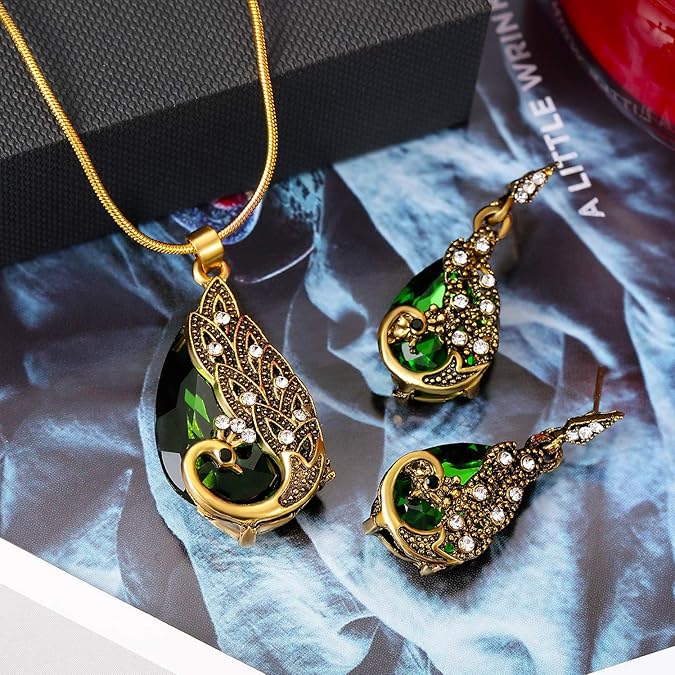 Hicarer 6 Pieces Jewelry Sets for Women Elegant Necklace Set Peacock Water Drop Rhinestone