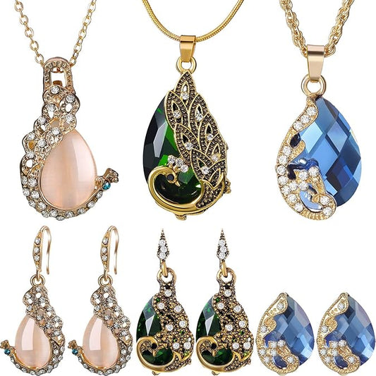 Hicarer 6 Pieces Jewelry Sets for Women Elegant Necklace Set Peacock Water Drop Rhinestone