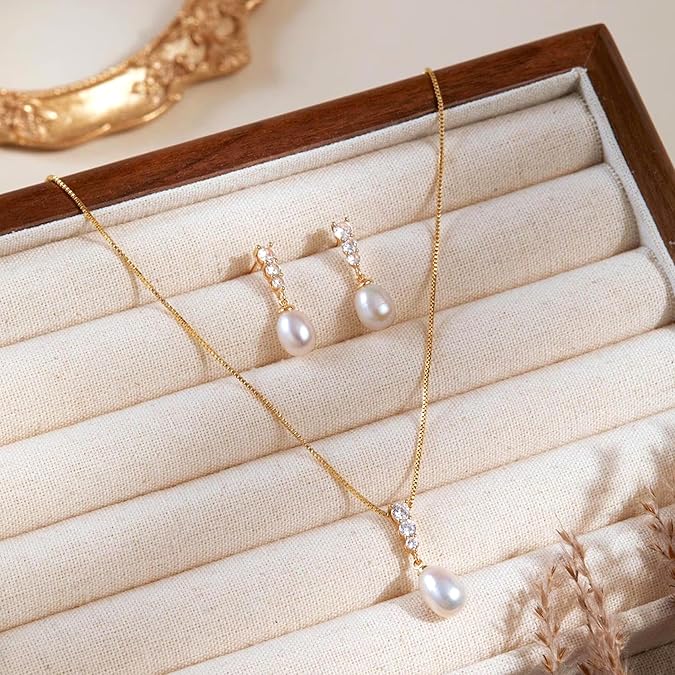 Pearl Pendant Necklace & Earrings 18K Gold Plated with Sparkling Cubic Zirconia