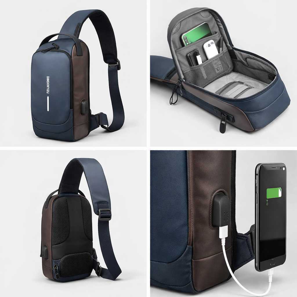 Men's Sleek Anti-theft PU Leather Crossbody Bag - USB Charging, Stylish Print & Zip Closure