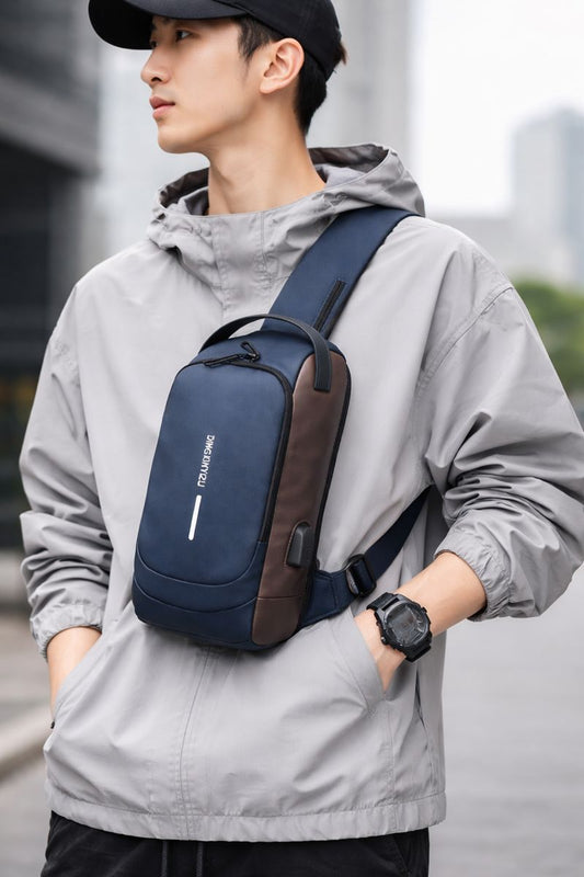 Men's Sleek Anti-theft PU Leather Crossbody Bag - USB Charging, Stylish Print & Zip Closure