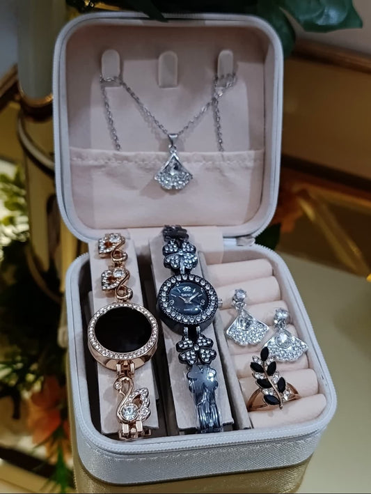2 IN ONE  DOUBLE WATCHES SET⌚WITH DAIMONDS STONE JEWELRY CHAIN💎✔  WITH 👈 DAIMONDS RING 💍✔ DAIMONDS EARRINGS💎