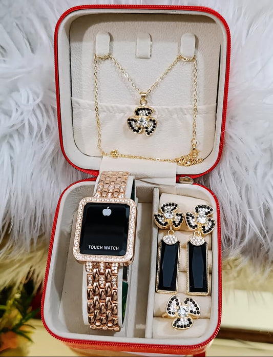 GIRLS DIAMONDS STONE TOUCH SCREEN JEWELRY WATCHE⌚ WITH CRYSTAL DIAMOND EARRINGS 👈🔥  DIAMOND LOCKET CHAIN ✔ DIAMOND RING 💍  COMPLETE SET🎀