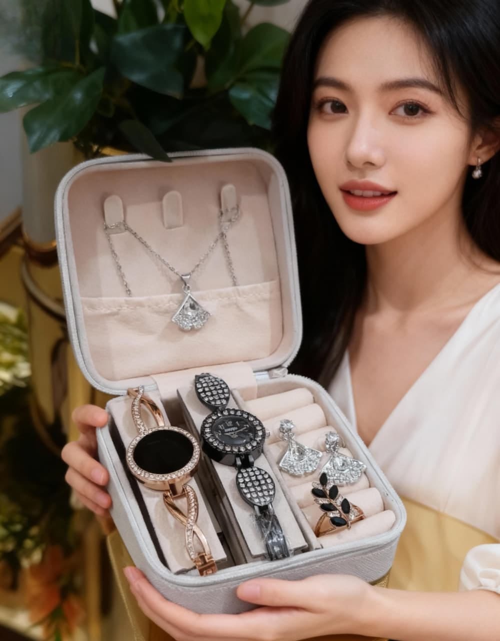 2 IN ONE  DOUBLE WATCHES SET⌚WITH DAIMONDS STONE JEWELRY CHAIN💎✔  WITH 👈 DAIMONDS RING 💍✔ DAIMONDS EARRINGS💎