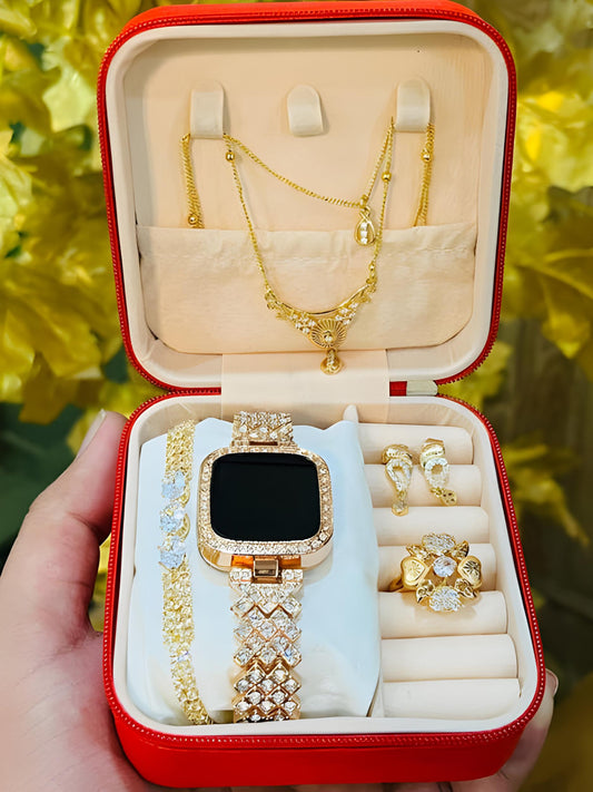 Elegant jewelry box featuring a stunning LED watch with sparkling gold-plated jewels