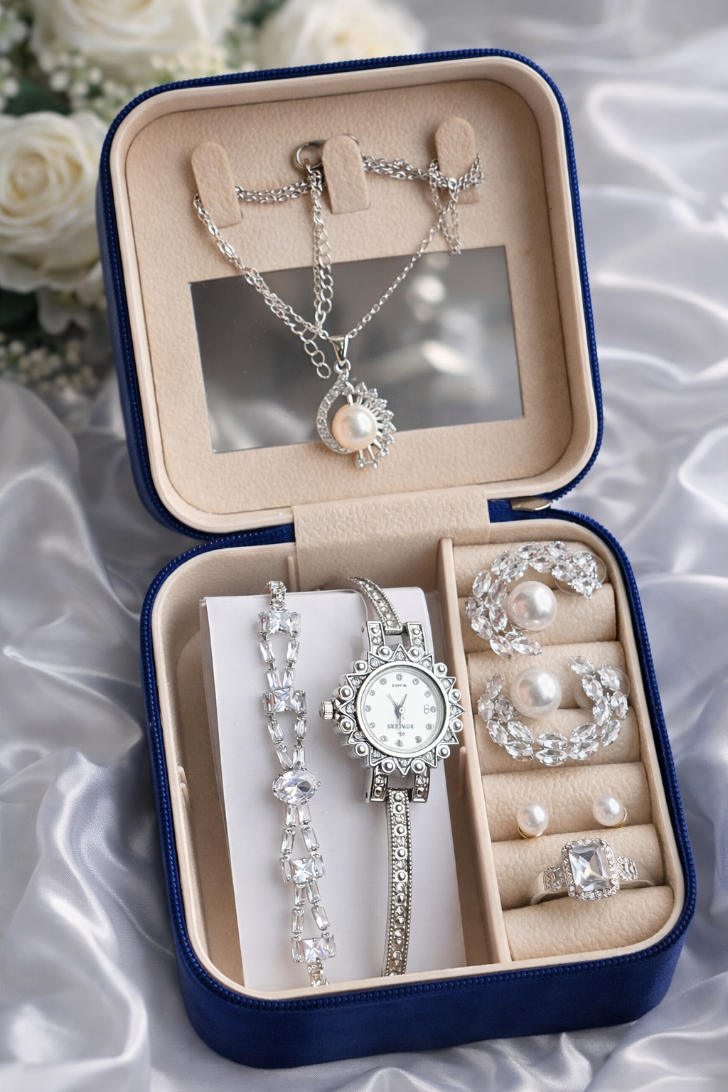 Elegant Pearl Pendant Necklace And Watch Set